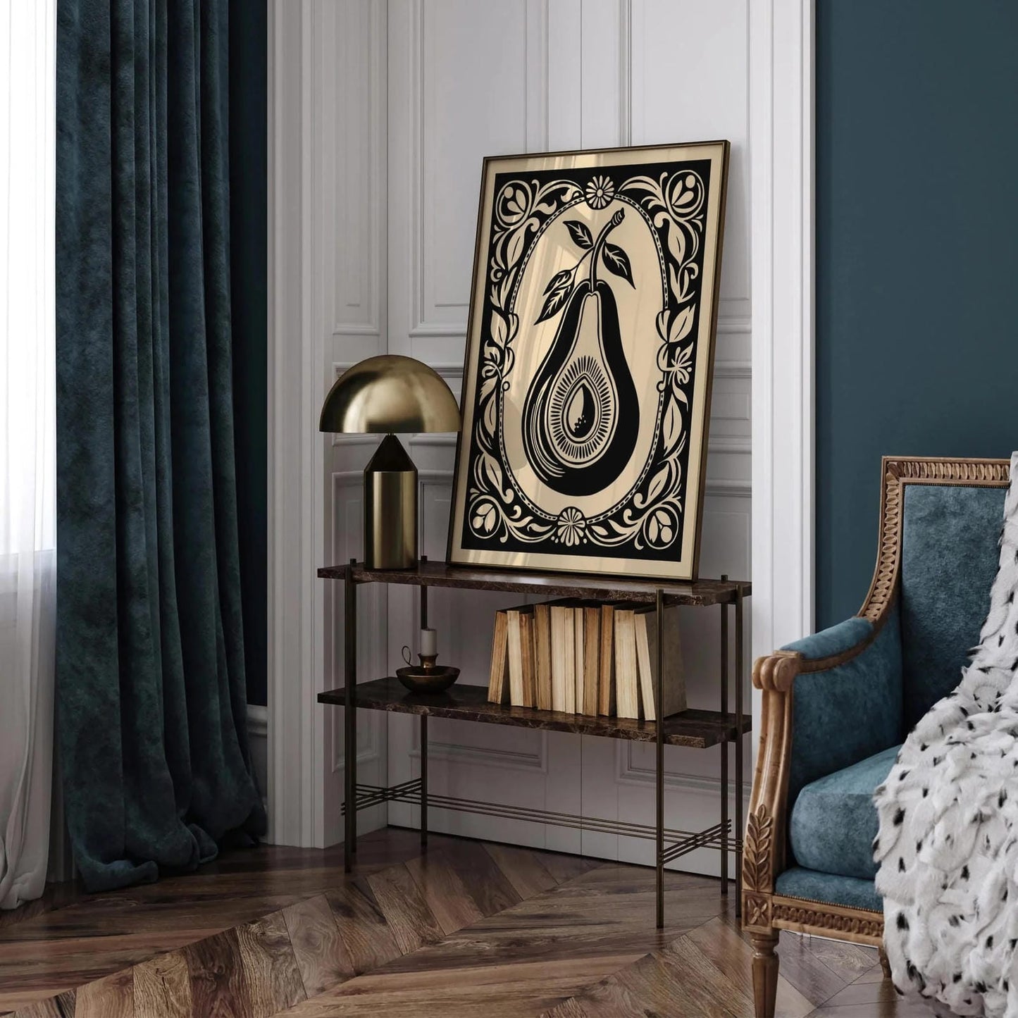 Rococo Style Black Avocado Print Kitchen Wall Art