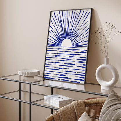 Indigo Blue Line Art Sunset Poster