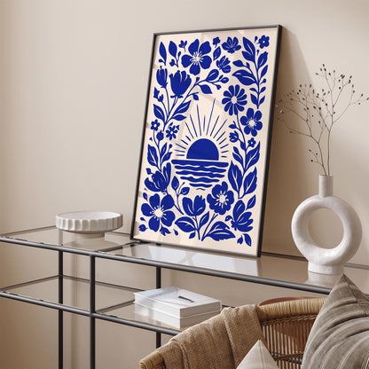 Blue Sunset & Flowers Poster – Botanical Nature Wall Art Print