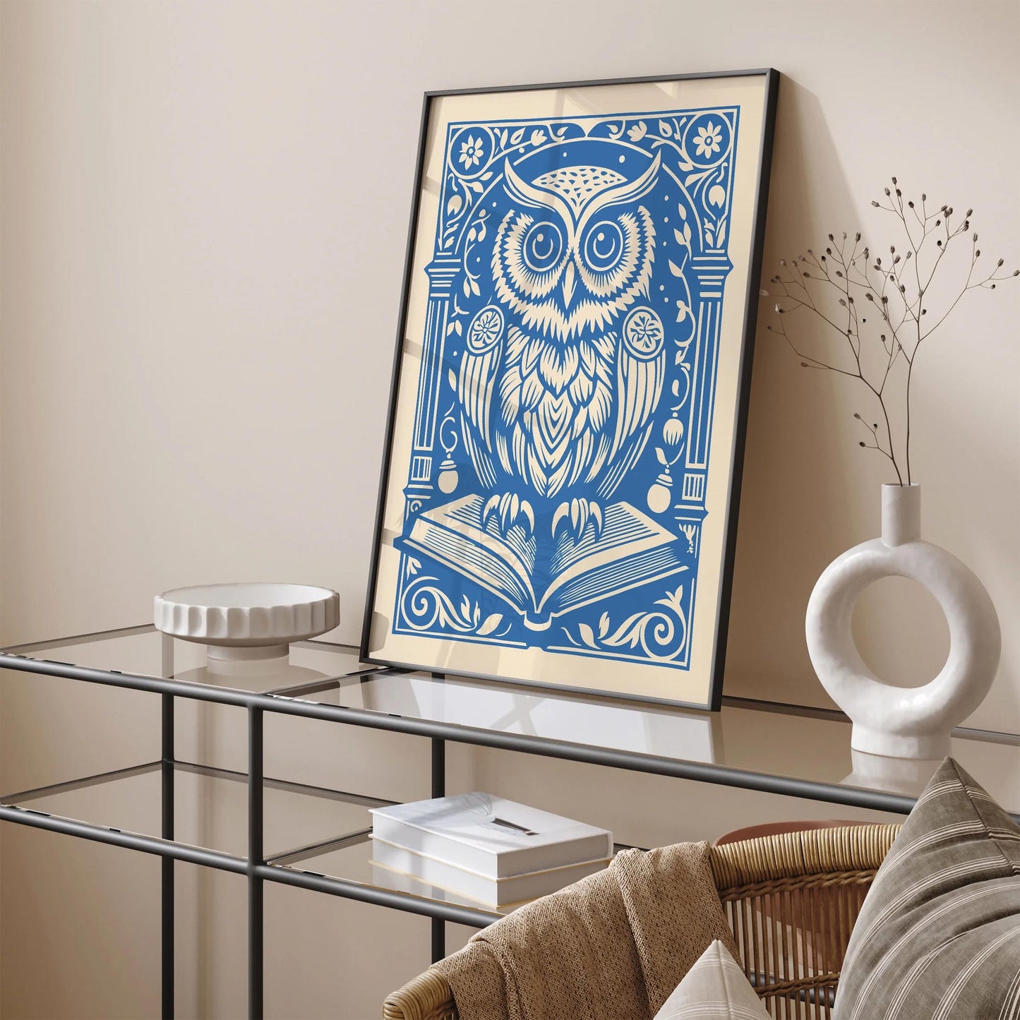 Baby Blue Victorian Owl Print, Owl with Book Wall Art