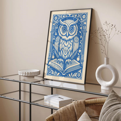 Baby Blue Victorian Owl Print, Owl with Book Wall Art