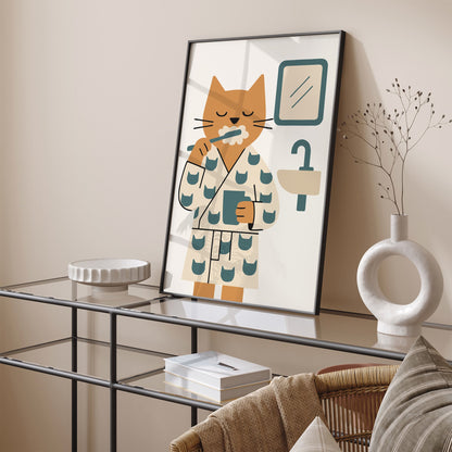 Cat Brushing Teeth Poster - Bathroom Wall Decor