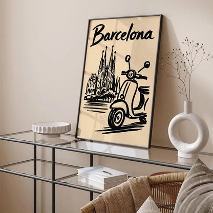 Barcelona Black Ink Style Travel Poster