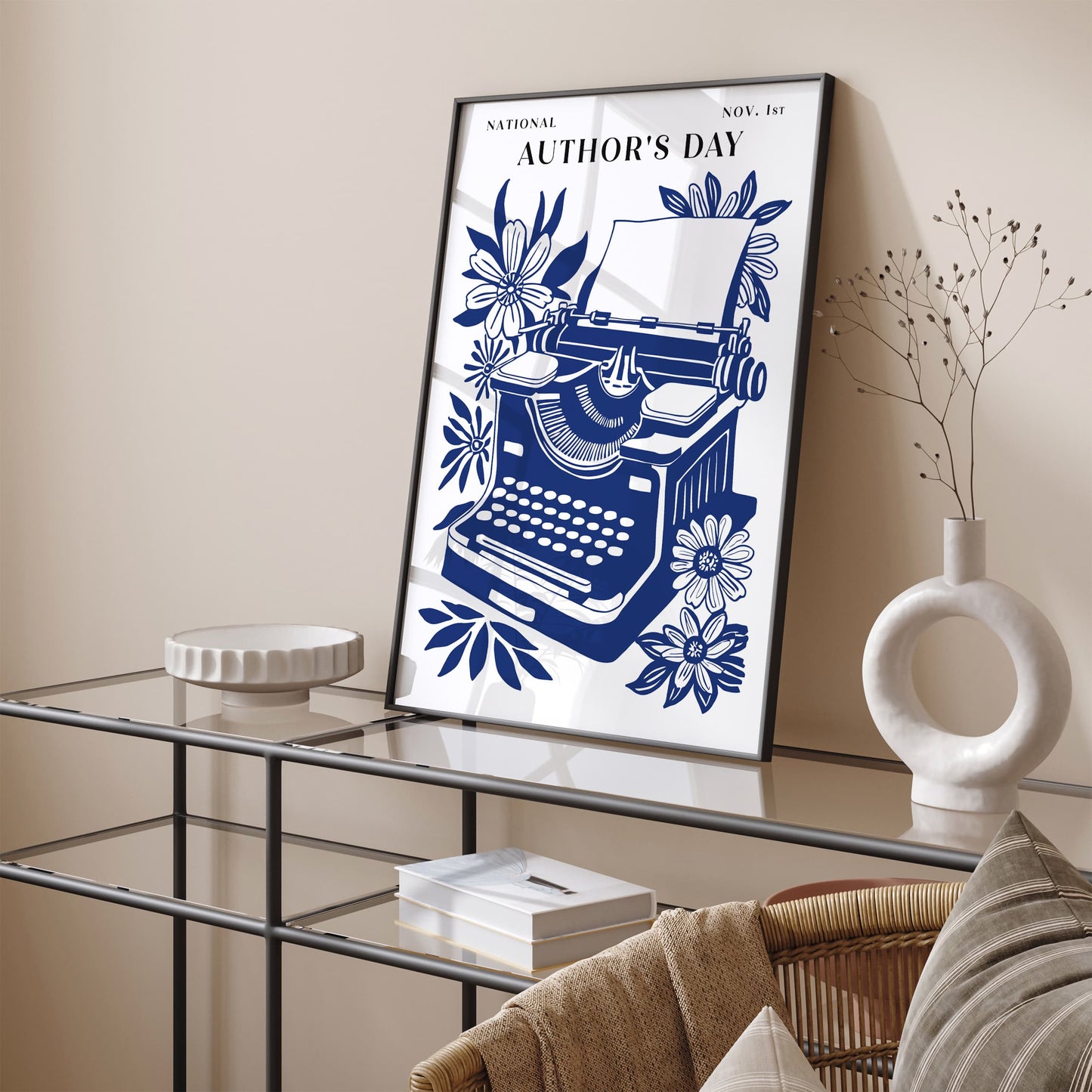 National Authors Day Typewriter Poster – Navy Blue Literary Wall Art Print