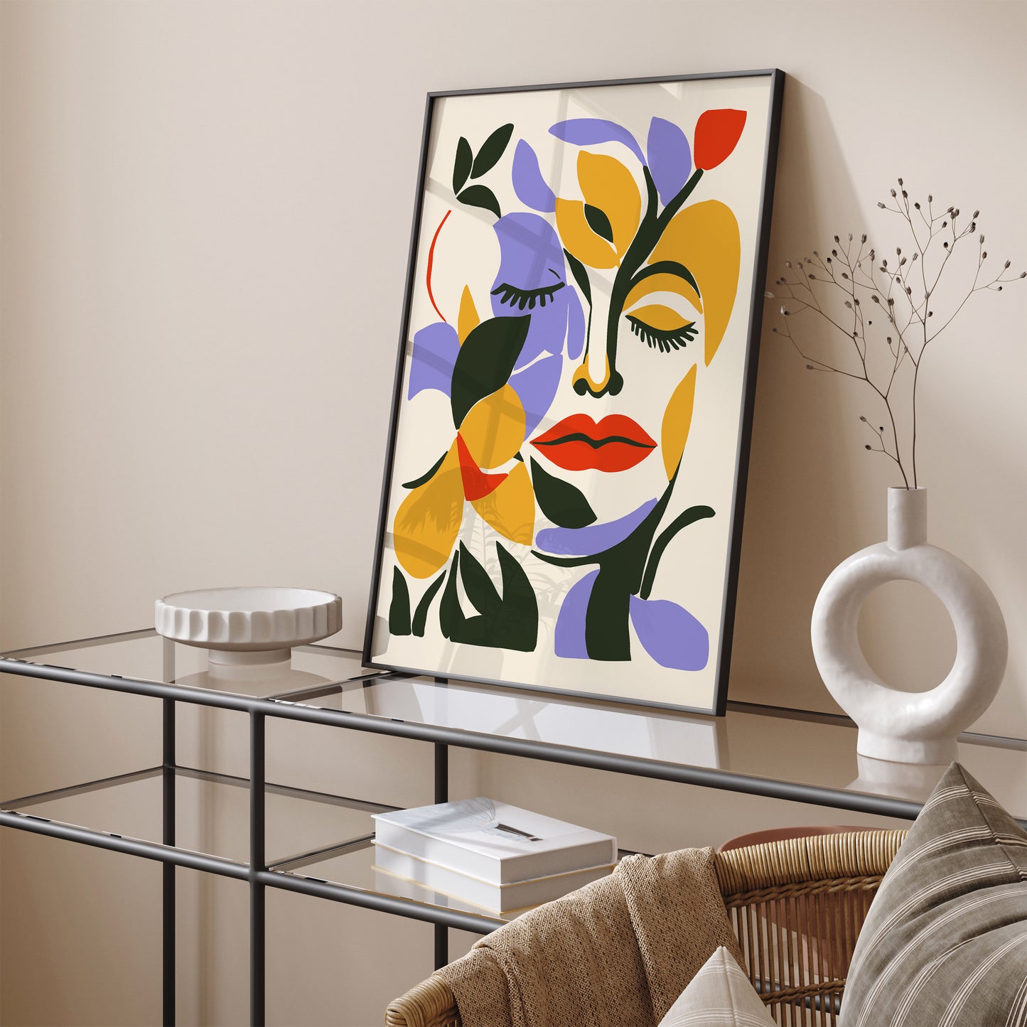 Woman with Big Red Lips & Flowers Poster