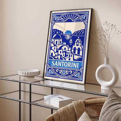 Blue Art Deco Santorini Wall Art Print – Greek Island Decor
