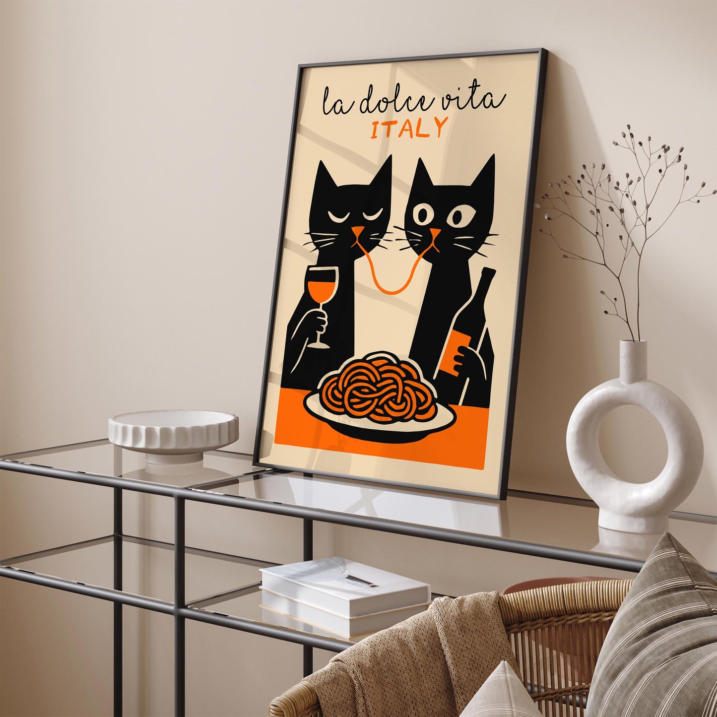 La Dolce Vita Poster - Two Funny Cat Eating Spaghetti Print