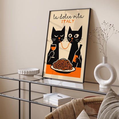 La Dolce Vita Poster - Two Funny Cat Eating Spaghetti Print