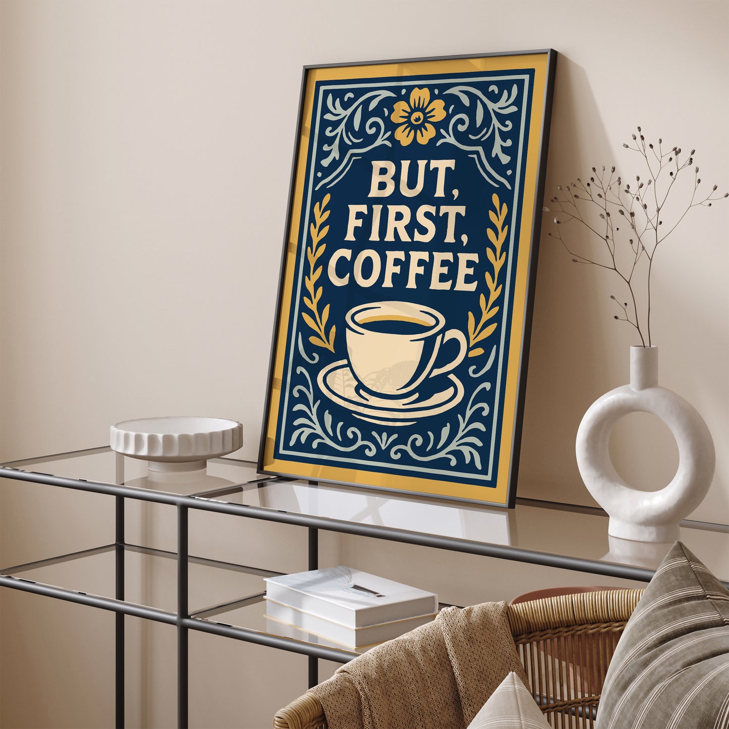 But First Coffee Quote Poster - Kitchen Rococo Style Art Print