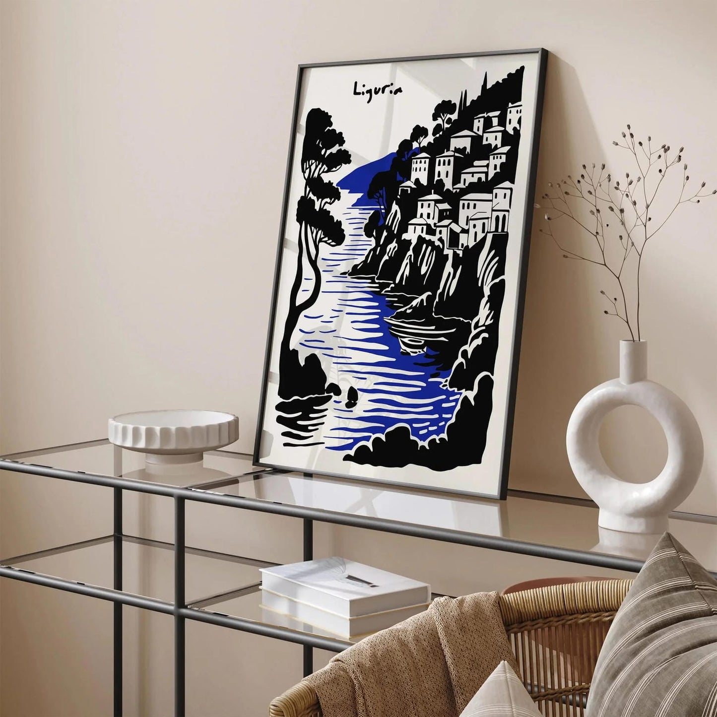 Liguria Italy Travel Art Print – Black & Blue