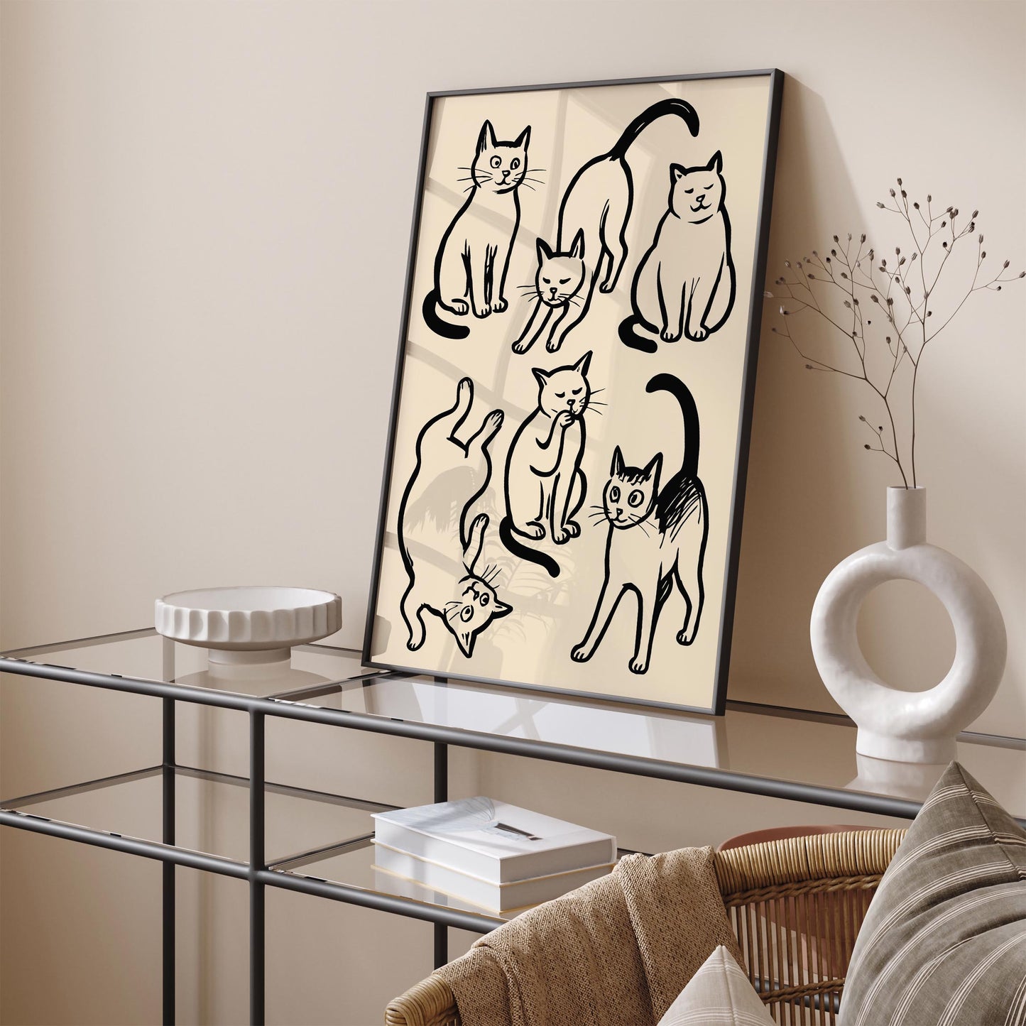 Six Funny Cats Poster - Black Ink Sketch Wall Art Print