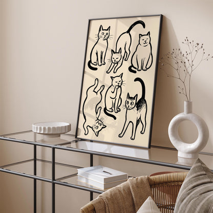 Six Funny Cats Poster - Black Ink Sketch Wall Art Print