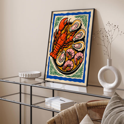 Colorful Retro Seafood Plate Poster - Seafood Lovers Gift