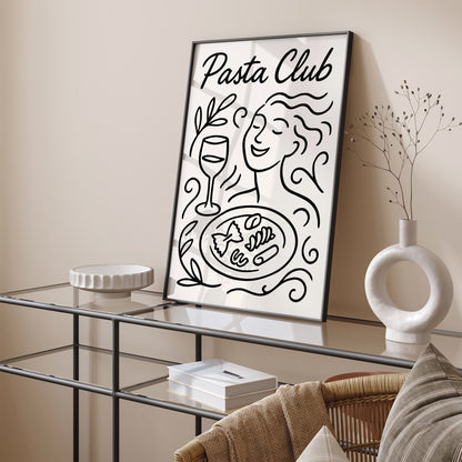 Pasta Club Poster - BW Line Art Italian Food Art Print