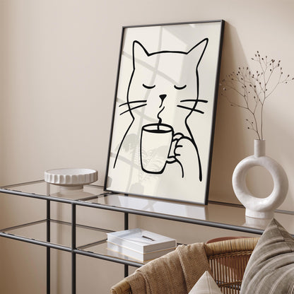 Line Art Cat with a Cup of Coffee Poster