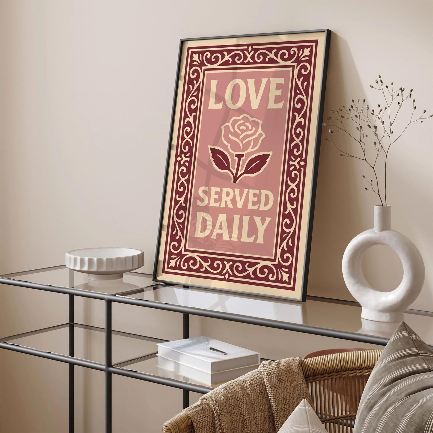 Love Served Daily Poster, Pink Quote Kitchen Print