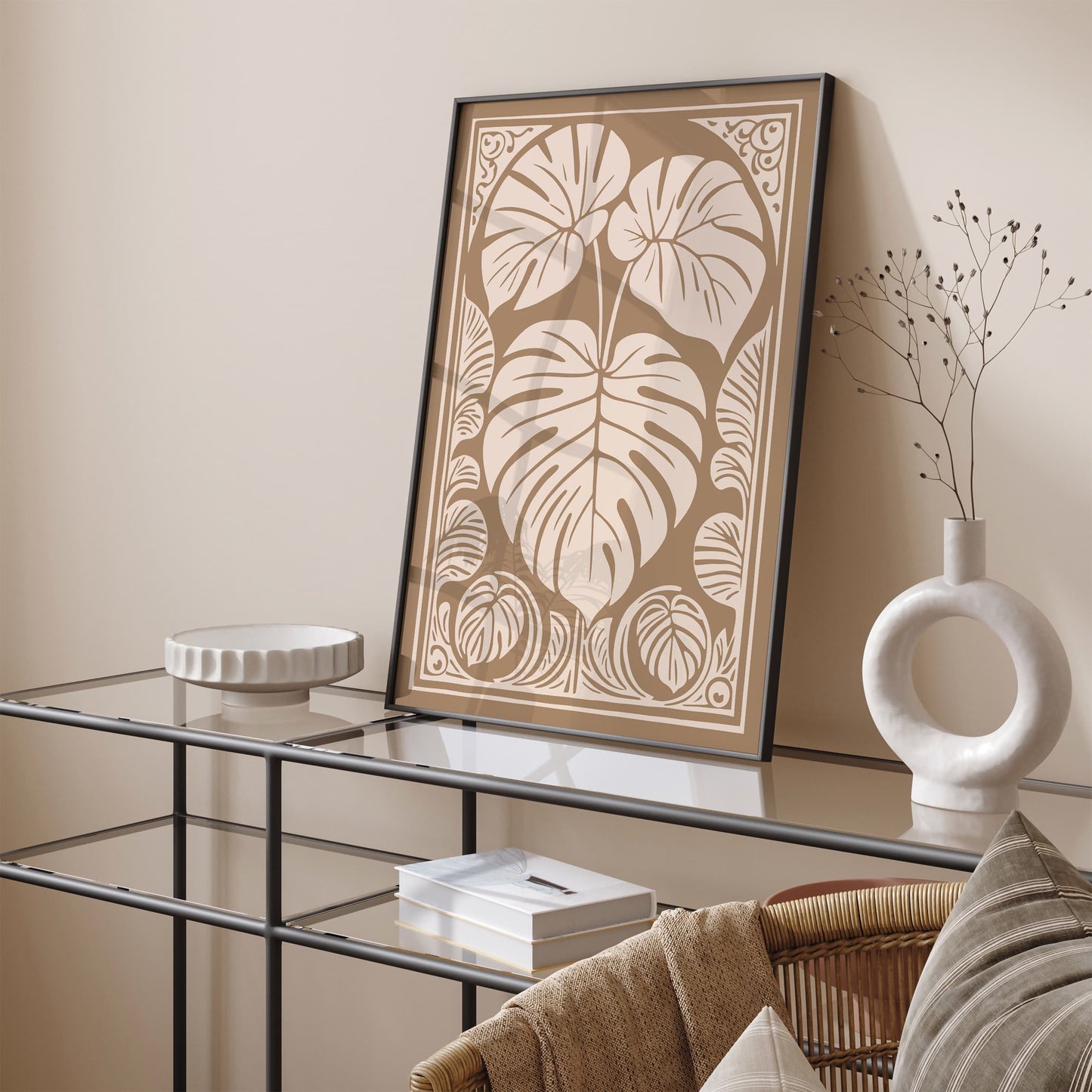 Brown Beige Monstera Leaf Rococo Art Print