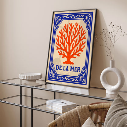 De La Mer Poster - Blue & Coral Orange Nautical Art Print