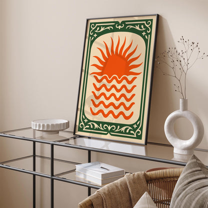 Orange Sun Poster - Green Frame Abstract Wall Art
