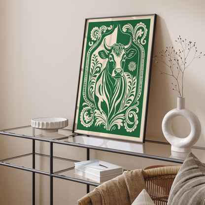 Linocut Cow Poster - Green Farmhouse Kitchen Wall Art