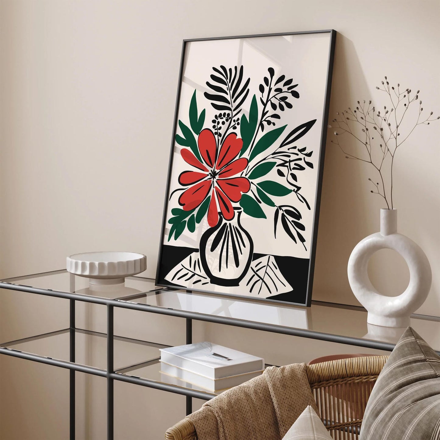Retro Black Red Flowers Art Print