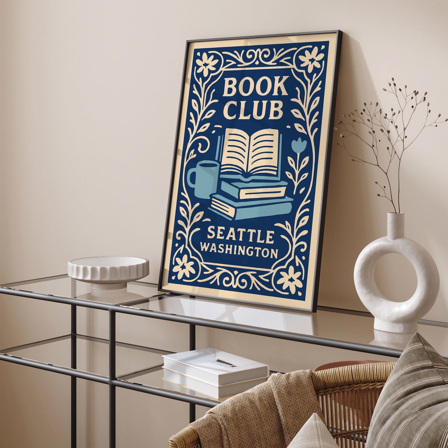 Book Club Seattle Washington Poster - Blue Literary Wall Art Print