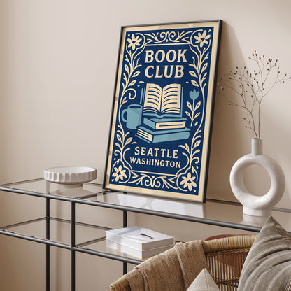 Book Club Seattle Washington Poster - Blue Literary Wall Art Print