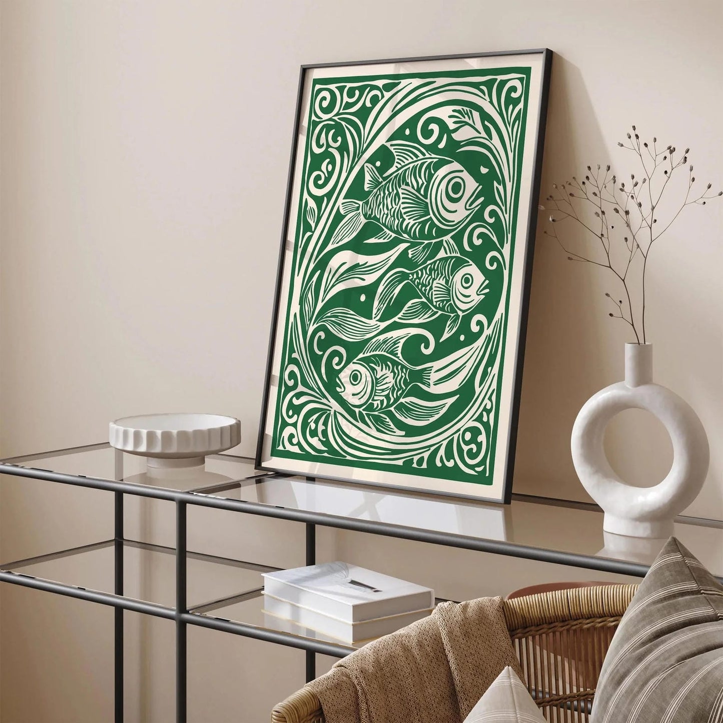 Green Fish Linocut Style Retro Kitchen Poster