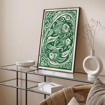 Green Fish Linocut Style Retro Kitchen Poster