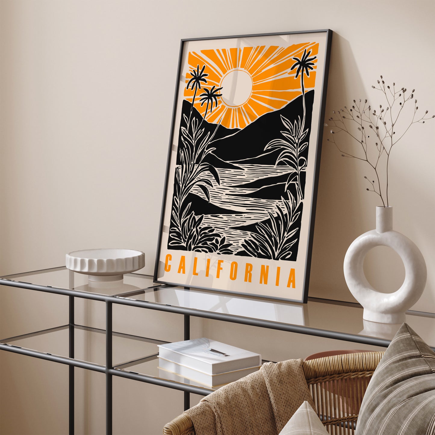 California Linocut Sunset Art Print