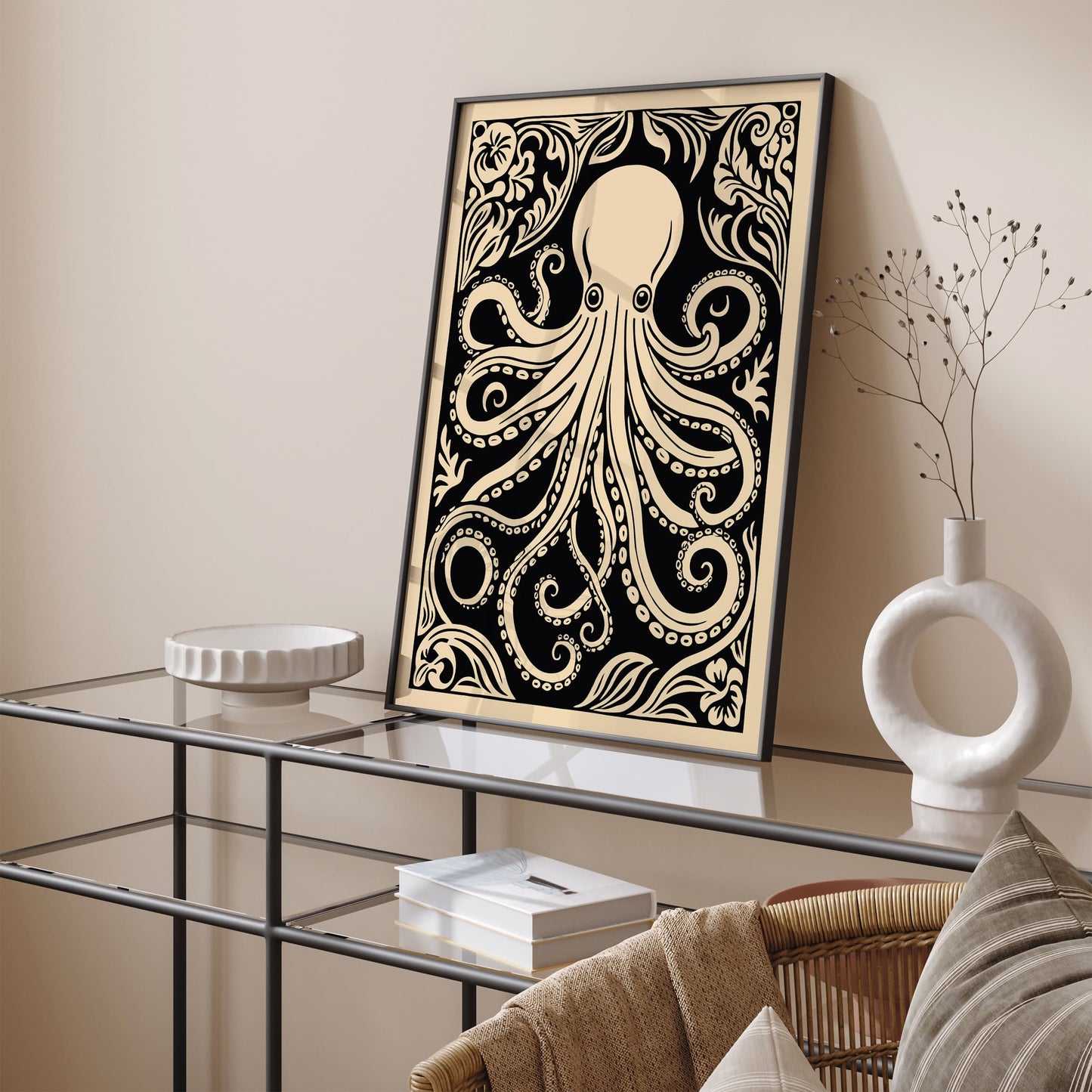 Octopus Rococo Style Black Animal Art Print