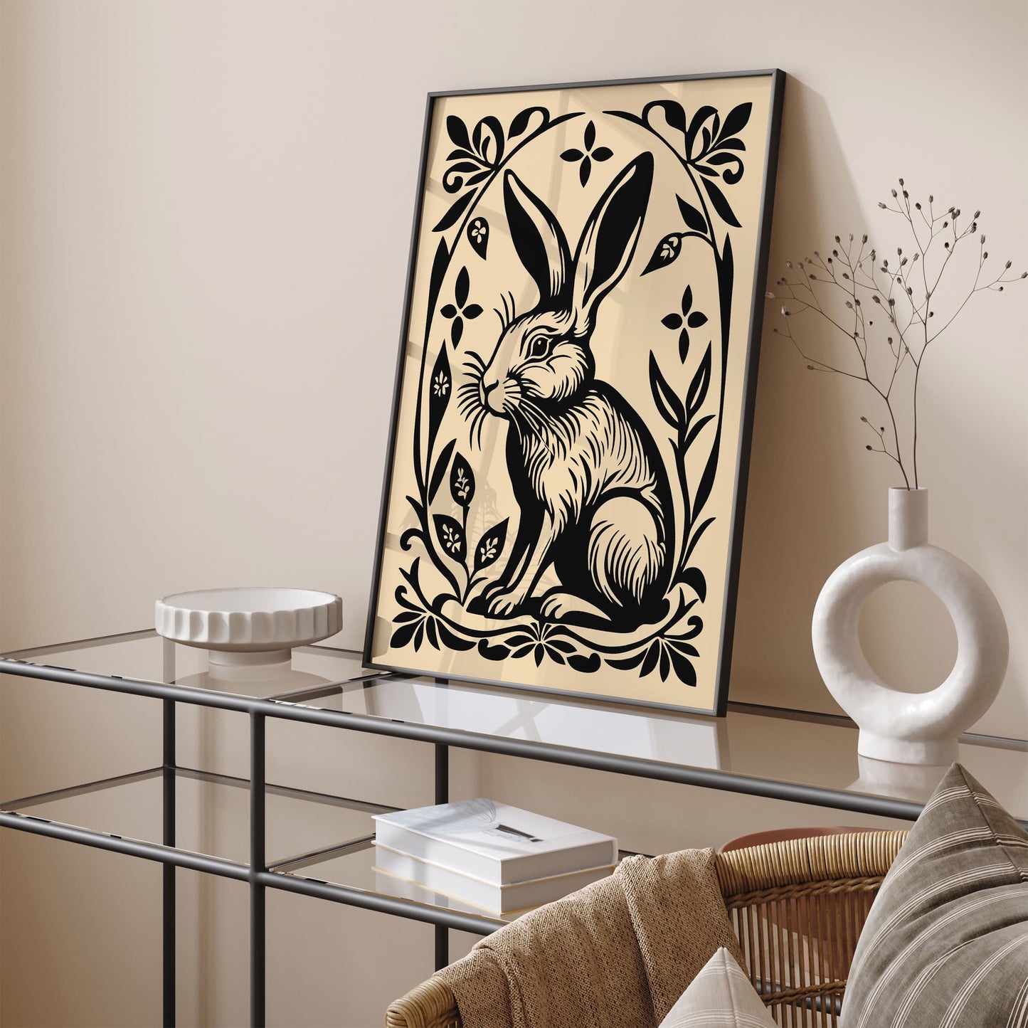 Black Rabbit Poster in Linocut Style