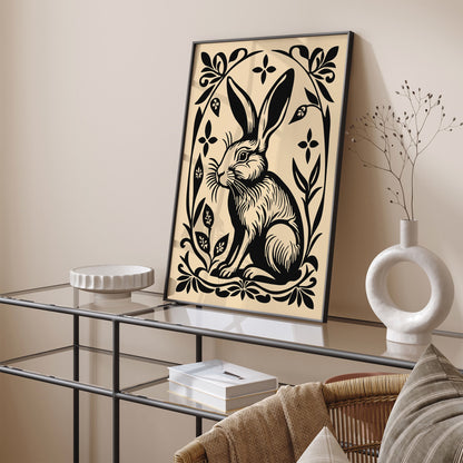 Black Rabbit Poster in Linocut Style