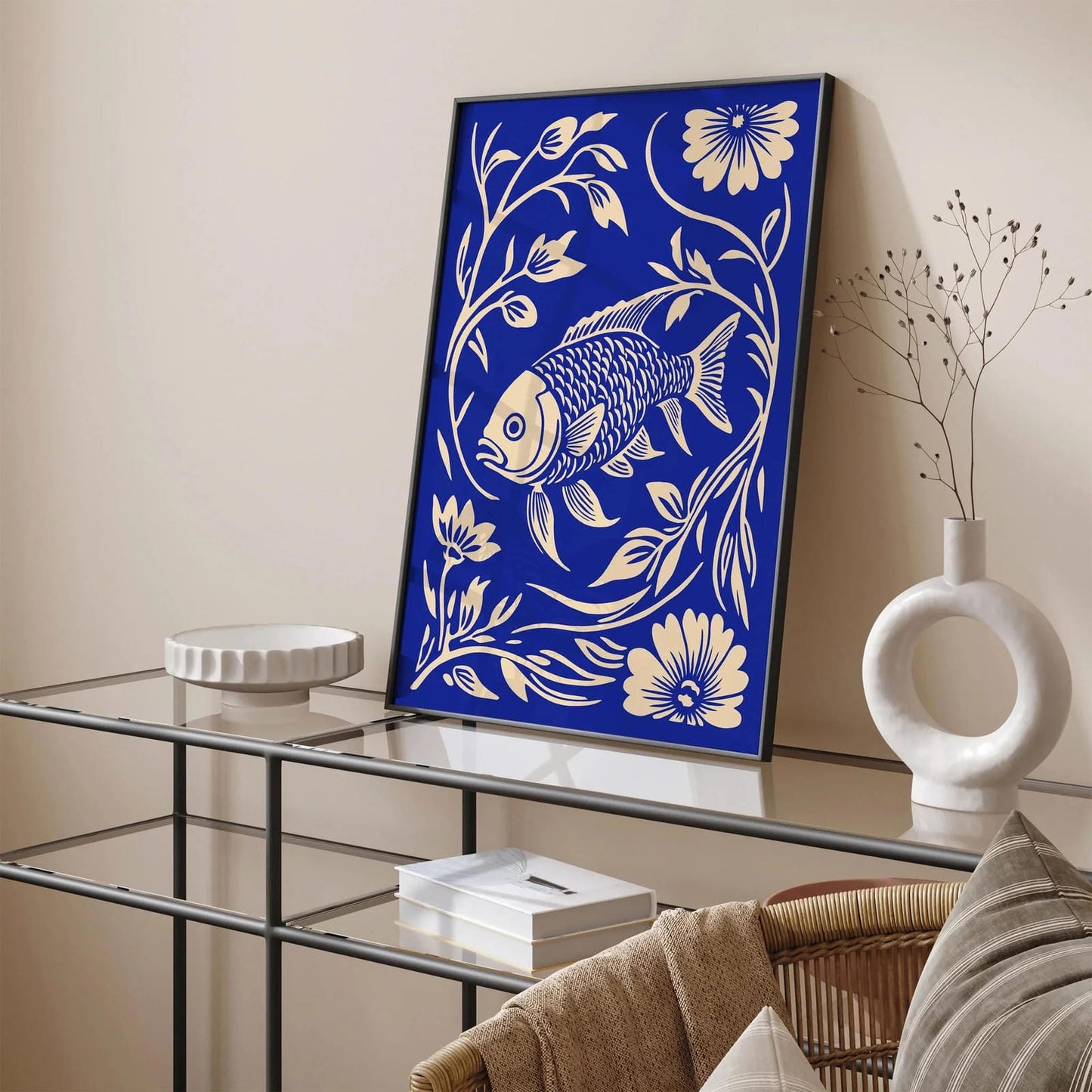 Floral Indigo Fish Poster – Blue Nature Wall Art