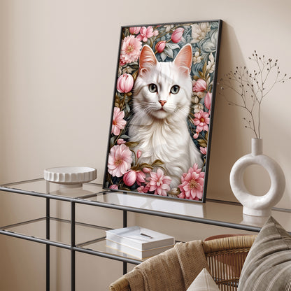 Elegant White Cat in Flowers Poster