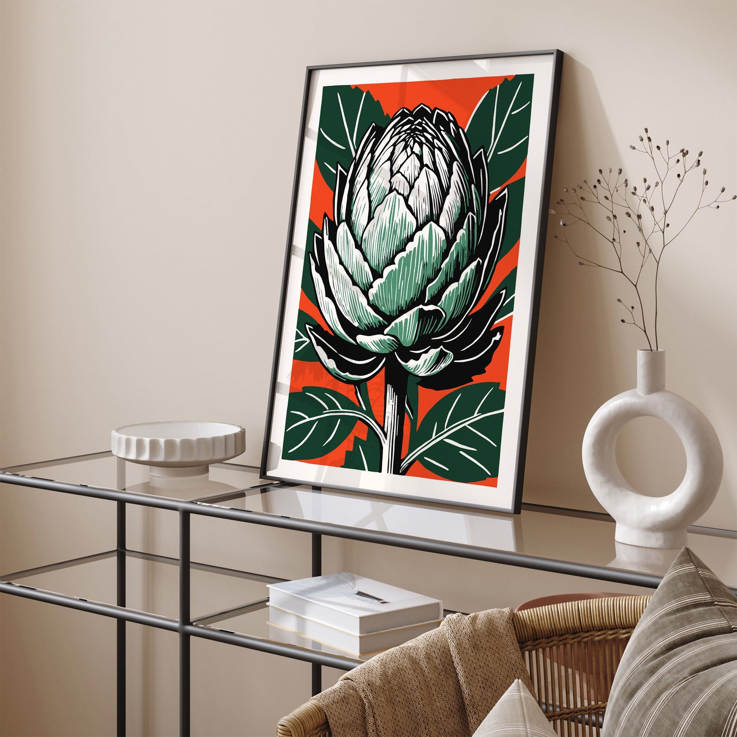 Retro Red Green Artichoke Linocut Print