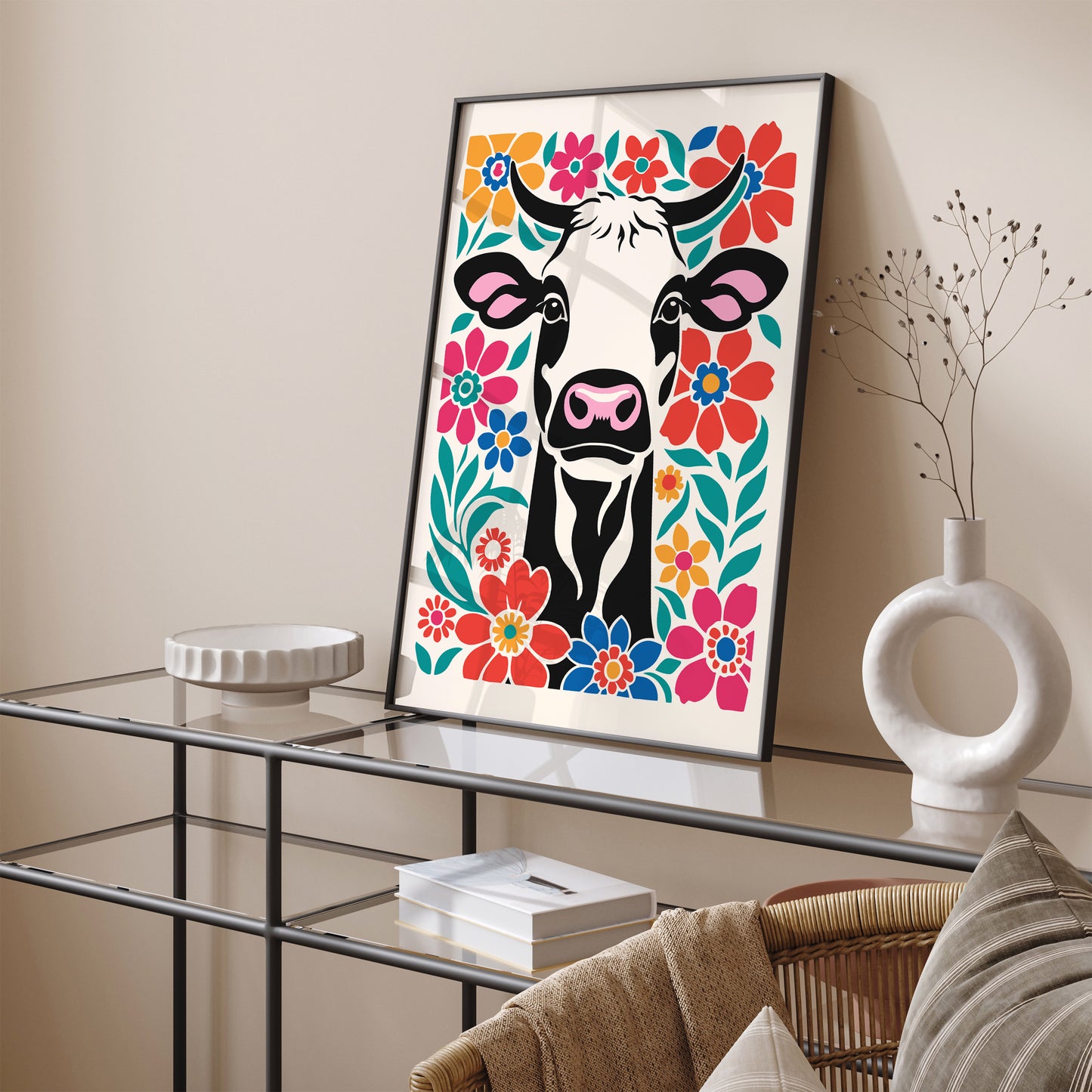 Cute Cow in Flowers Art Print