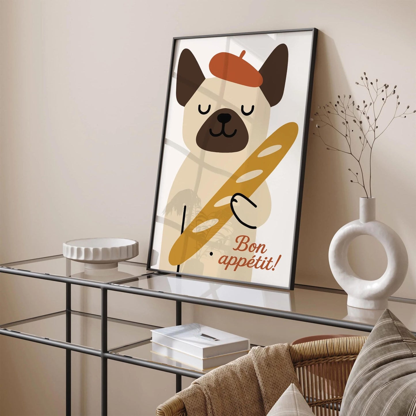 Bon Appetit! Cute Dog with Baguette Poster