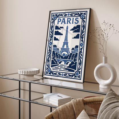 White and Blue Paris Eiffel Tower Poster