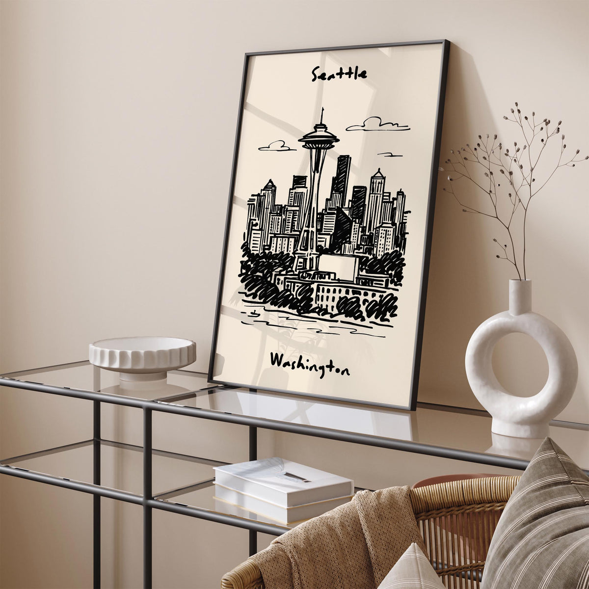 Seattle Washington Black Ink Travel Poster