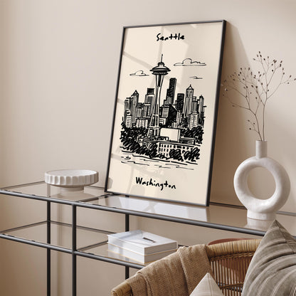 Seattle Washington Black Ink Travel Poster