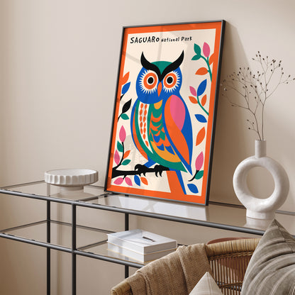 Saguaro National Park Colorful Poster with Cute Owl