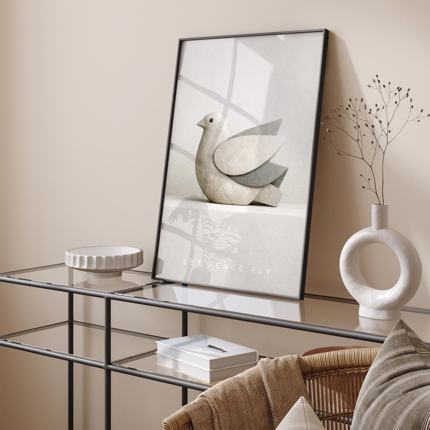 Minimalist Peace Dove Poster Print – Abstract Sandstone Bird Sculpture Wall Art
