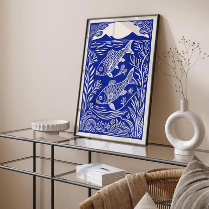Blue Fish Linocut Art Print