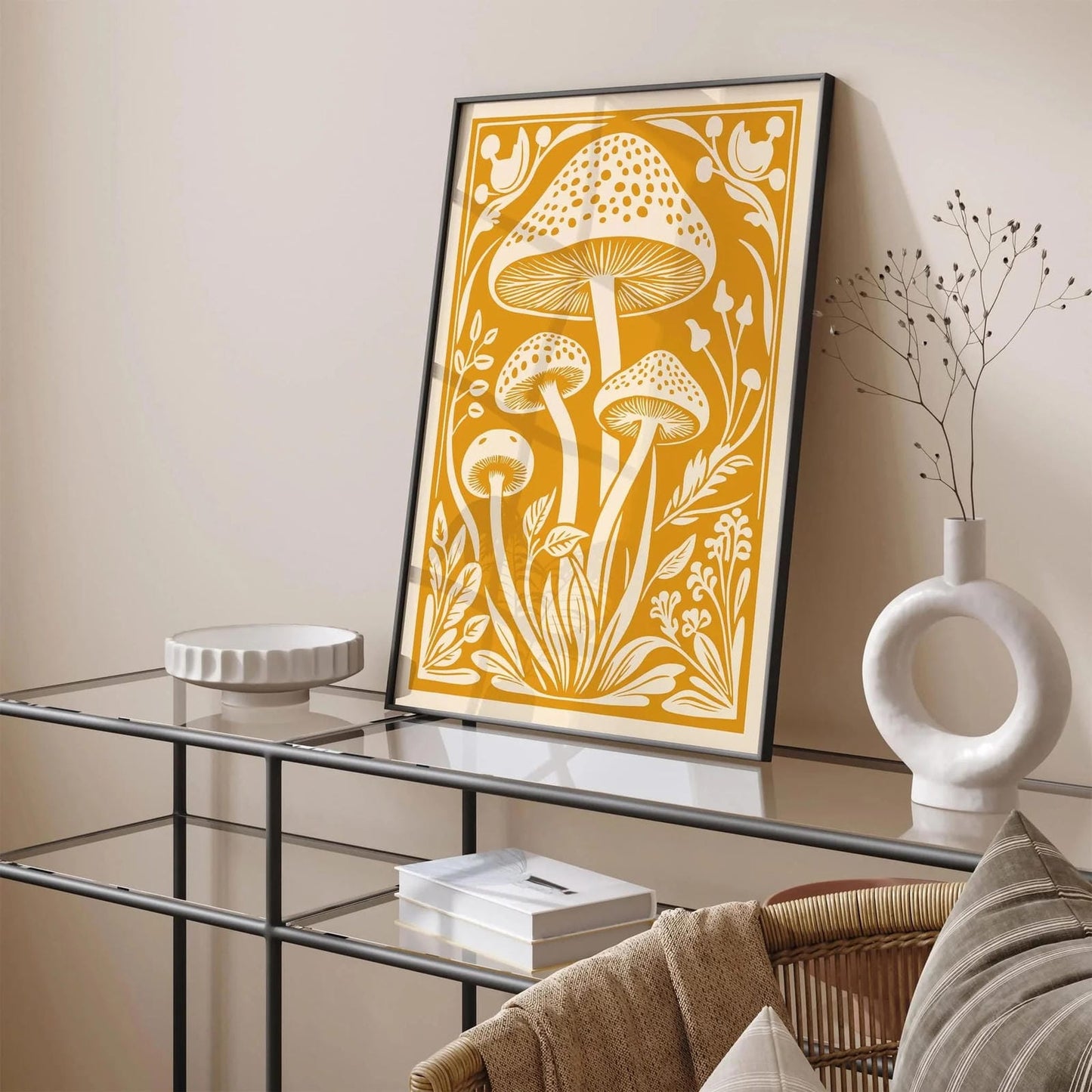 Forest Mushroom Poster – Warm Yellow Botanical Wall Art