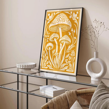 Forest Mushroom Poster – Warm Yellow Botanical Wall Art