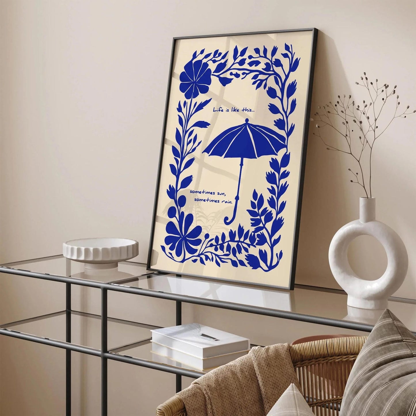 Sometimes Sun Sometimes Rain – Blue Floral Quote Poster