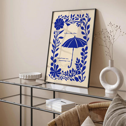 Sometimes Sun Sometimes Rain – Blue Floral Quote Poster