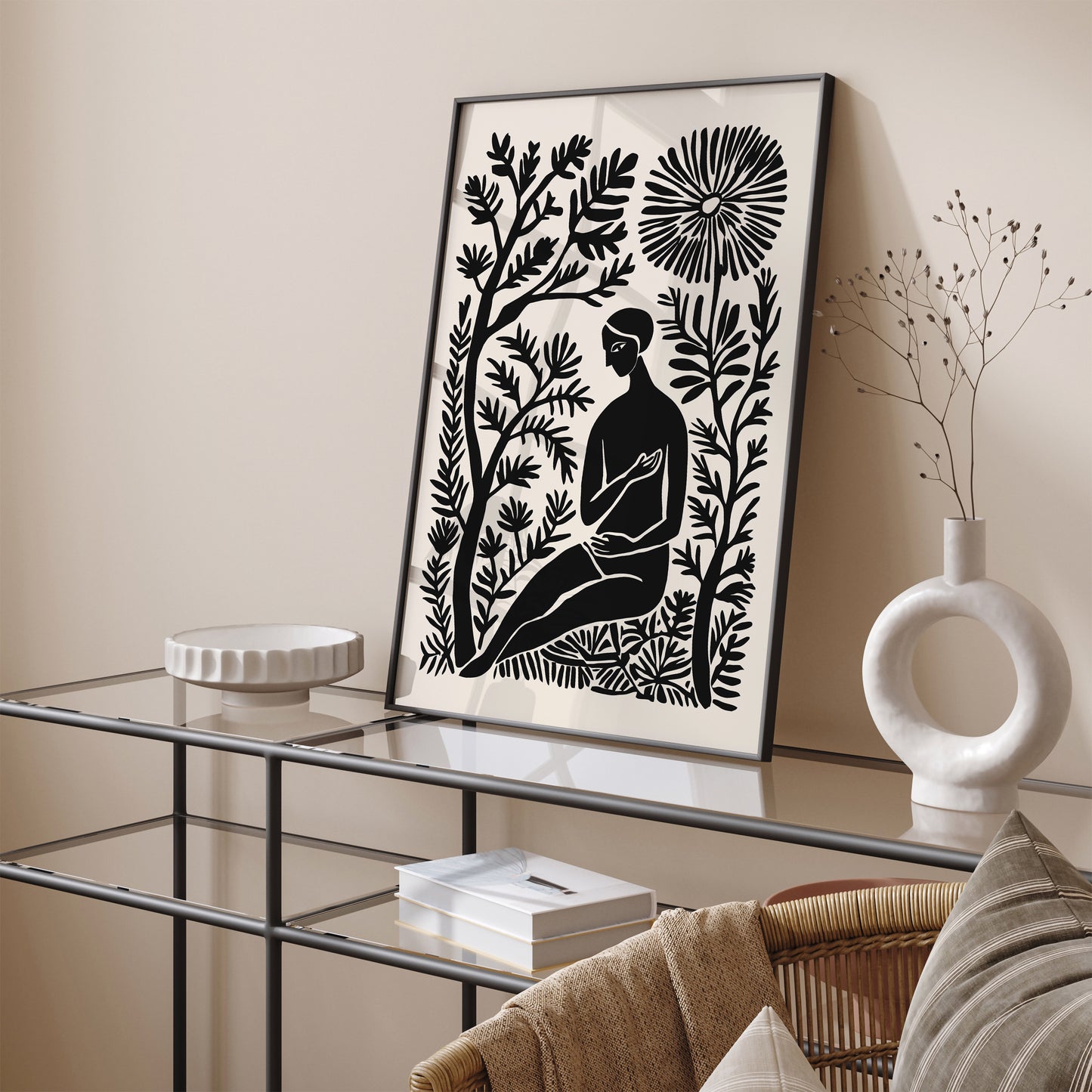 Sitting Woman Floral BW Poster