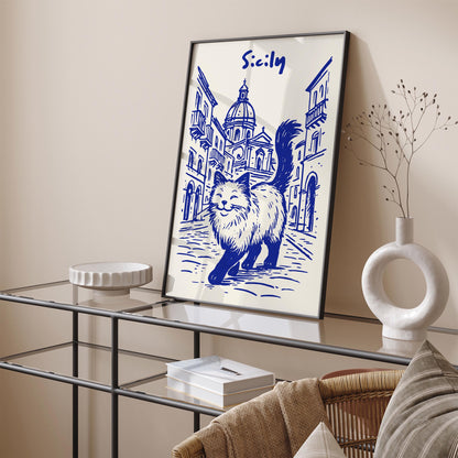 Sicily Blue Poster - Funny Cat Walking in Italy